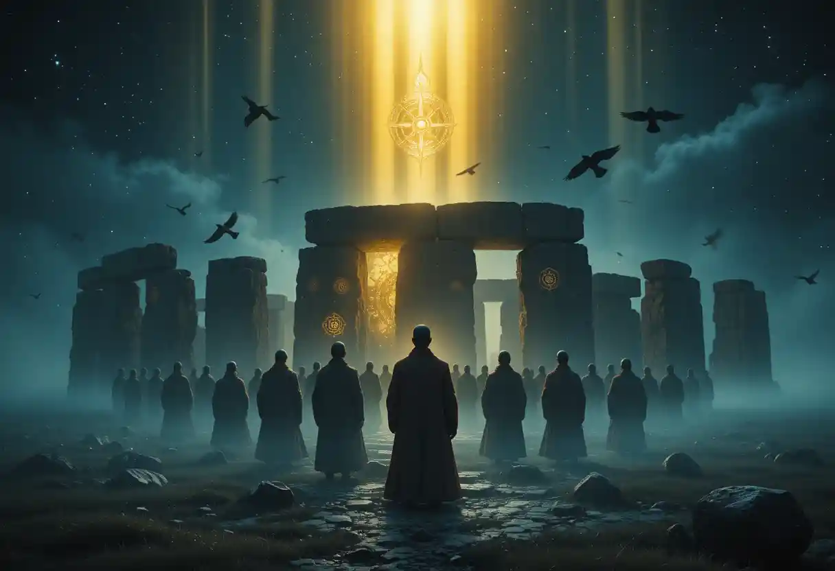 Monks Gather At Ancient Stone Circle Under Mystical Night Sky
