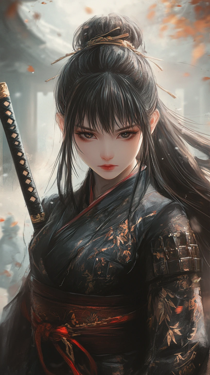 Jeune fille samouraï en kimono noir devant un temple japonais brumeux