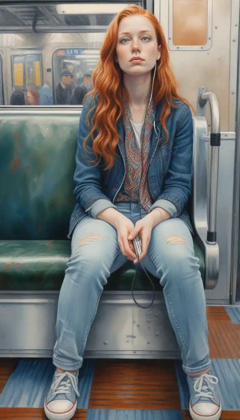 Donna dai capelli rossi seduta da sola in un treno della metropolitana
