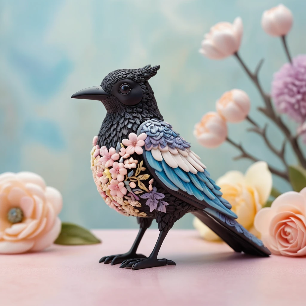 Knet-ELSTER-Figur in sanfter pastellfarbener Blumenlandschaft