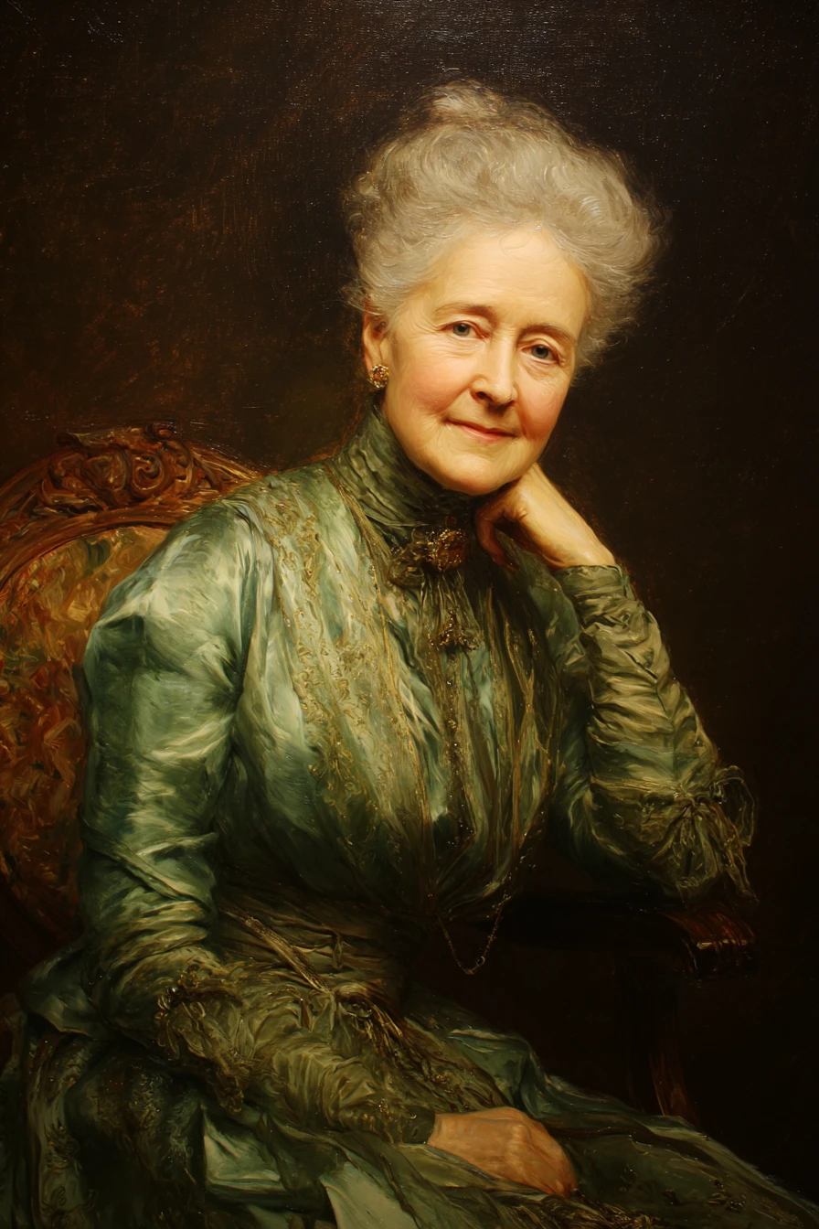 Elderly woman in glowing oil portrait by window light