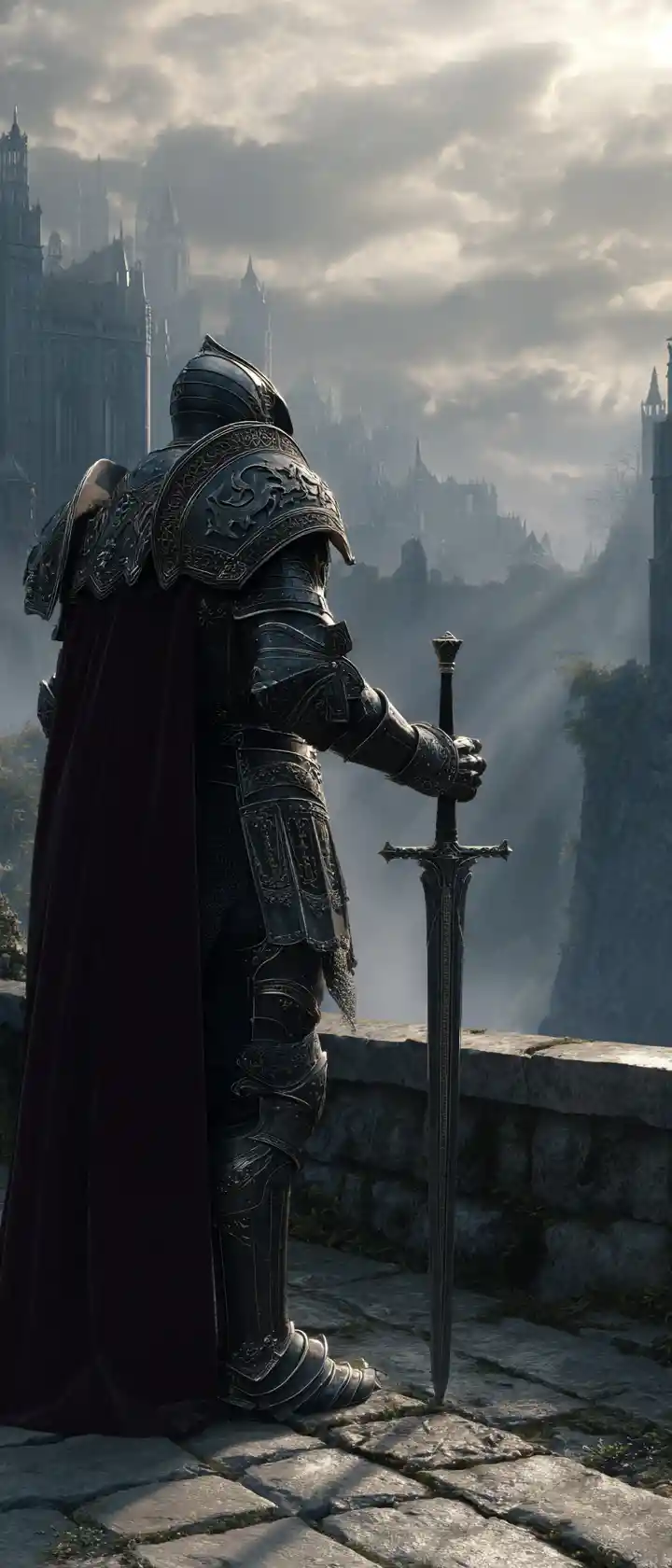 Lone armored knight on a crumbling bridge in mist