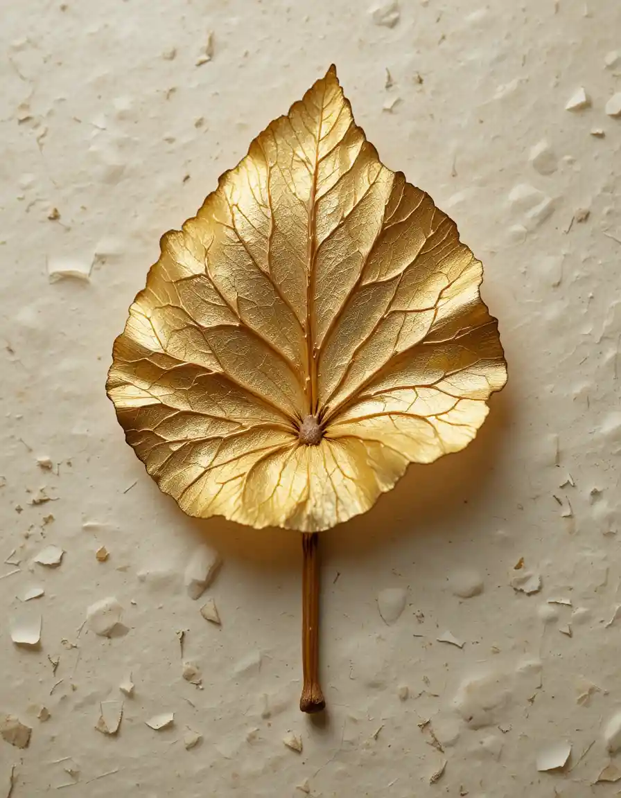 Macro gold ginkgo leaf on textured washi paper background