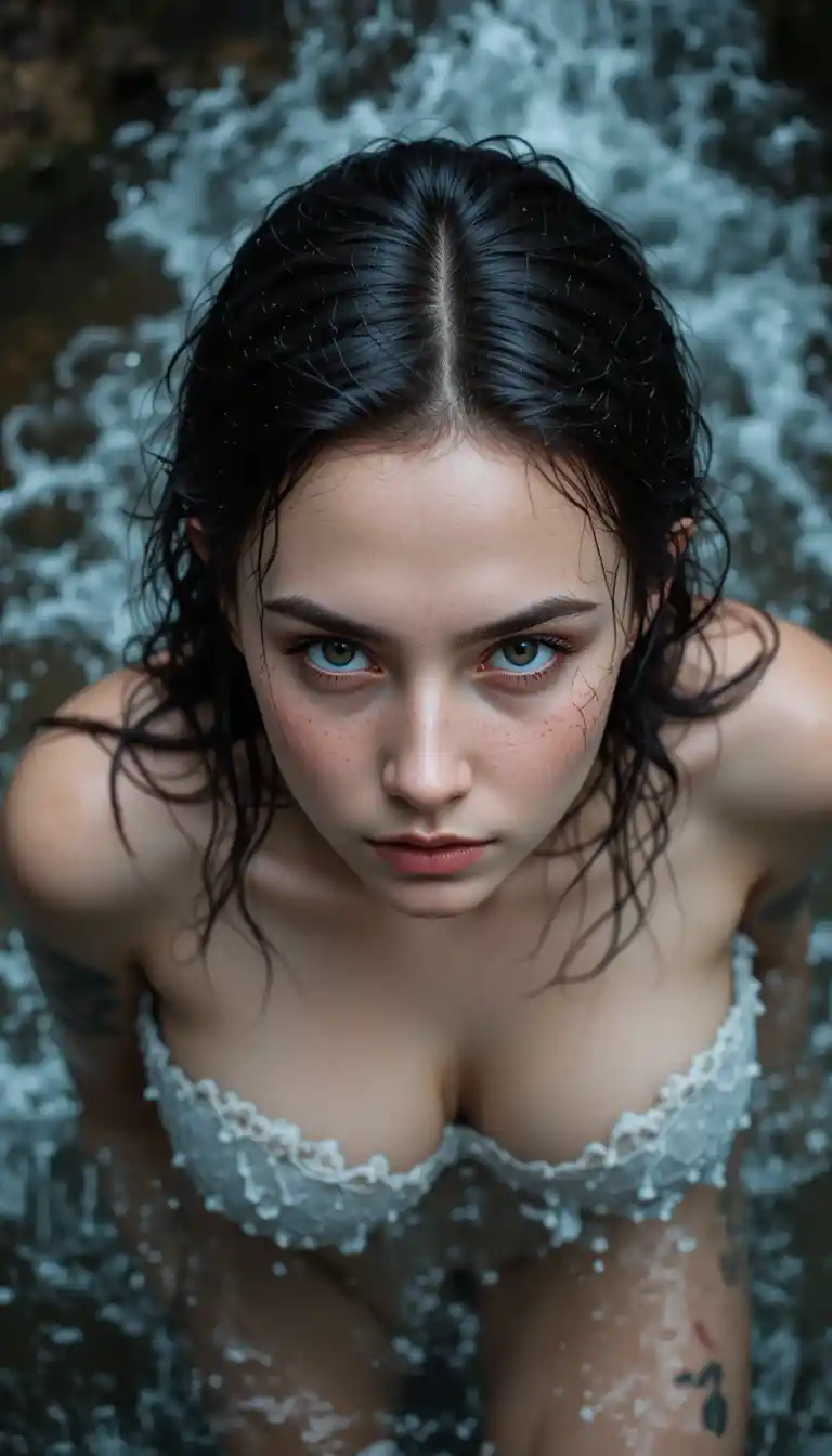 Top-Down-Makro-Porträt einer Frau unter einem Wasserfall