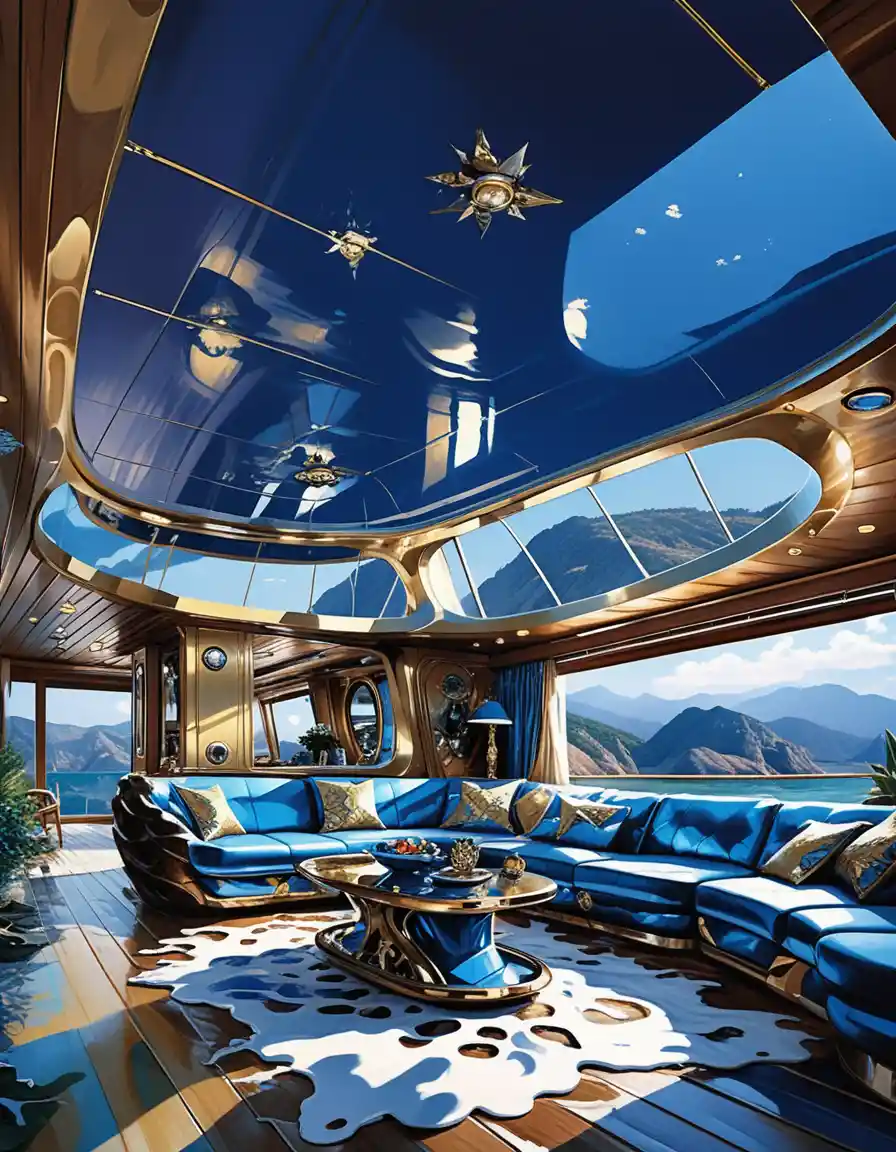 Futuristic luxury houseboat interior glowing from the darkness