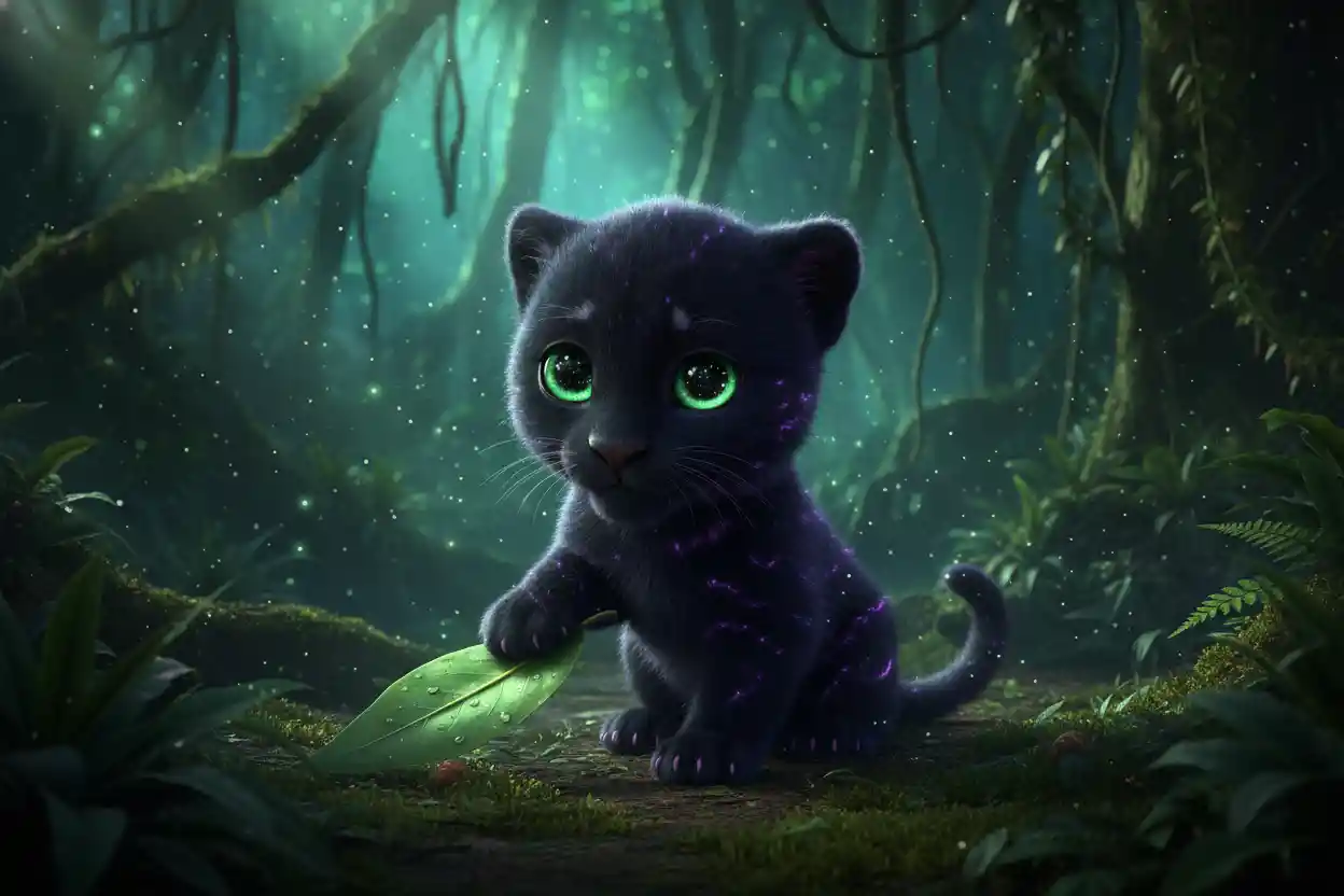 Cucciolo di Pantera Bioluminescente che Gioca sul Suolo della Foresta Pluviale al Crepuscolo