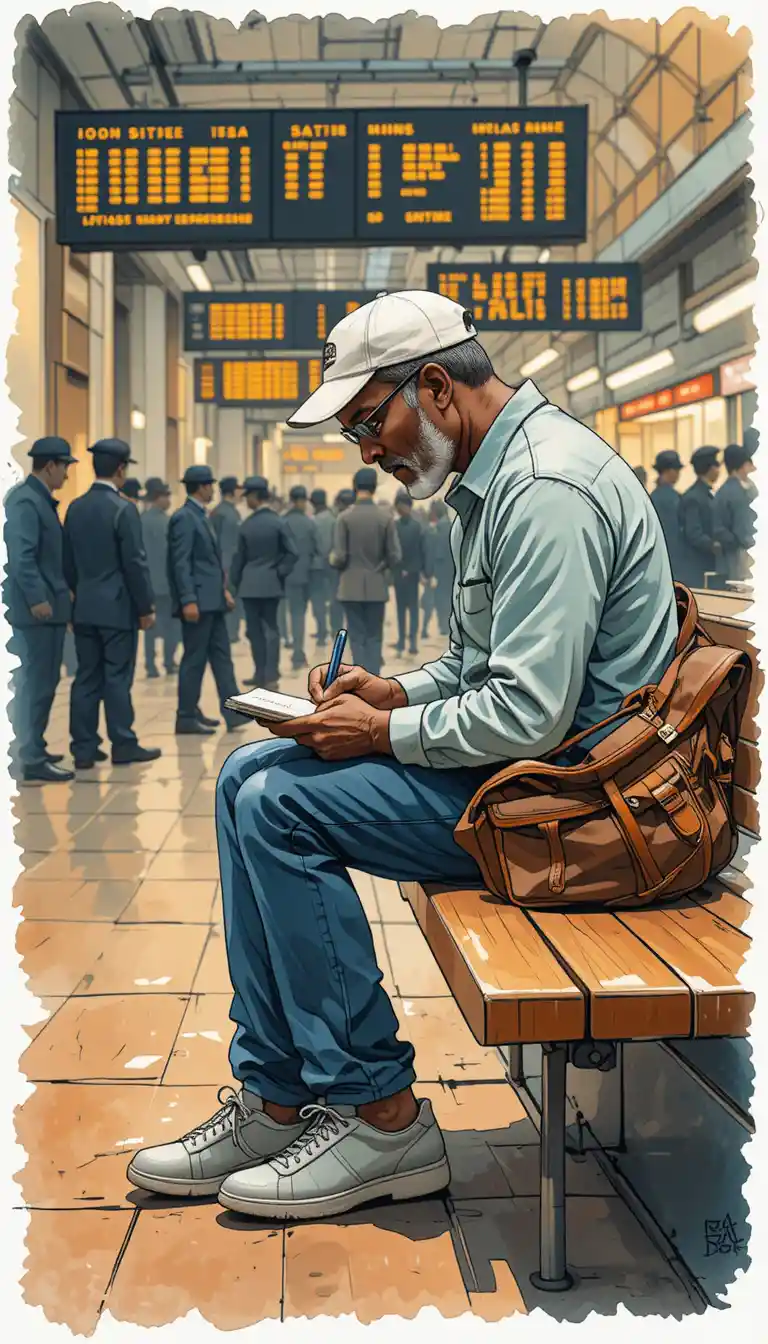 Uomo che scrive su un quaderno su una panchina in una stazione affollata