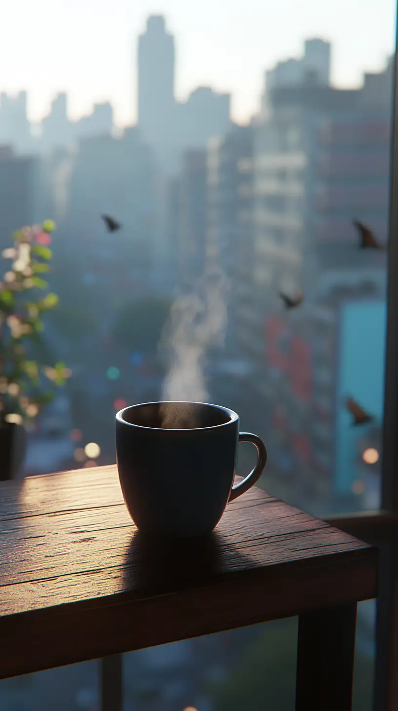 Steaming coffee mug on a wooden table above the waking city