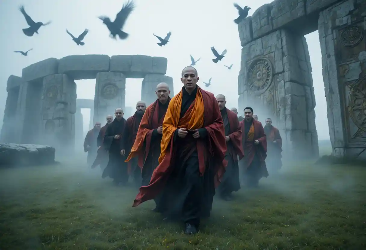 Monks Gather In Misty Ruins Beneath Circling Crows