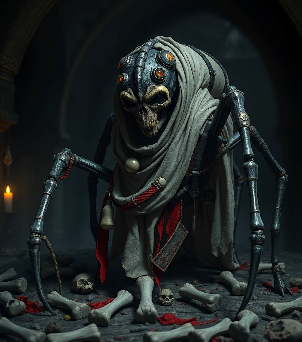 Gothic monster crouched in candlelit crypt with bones