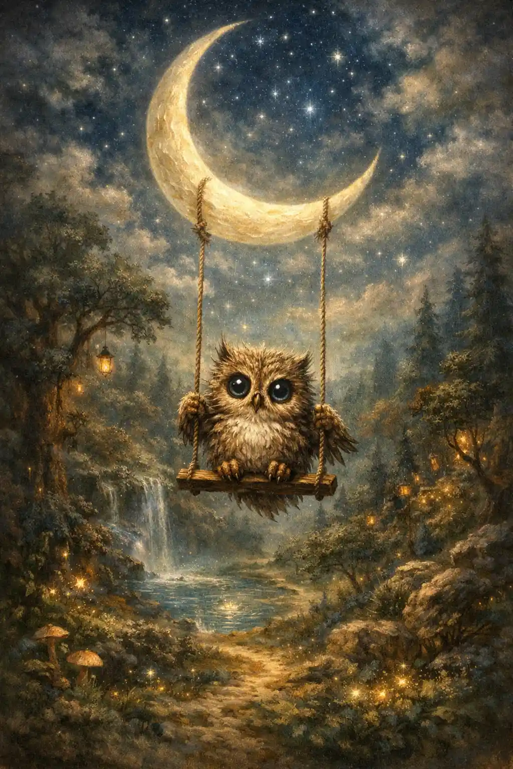 Owl On Crescent Moon Swing Above A Starry Forest