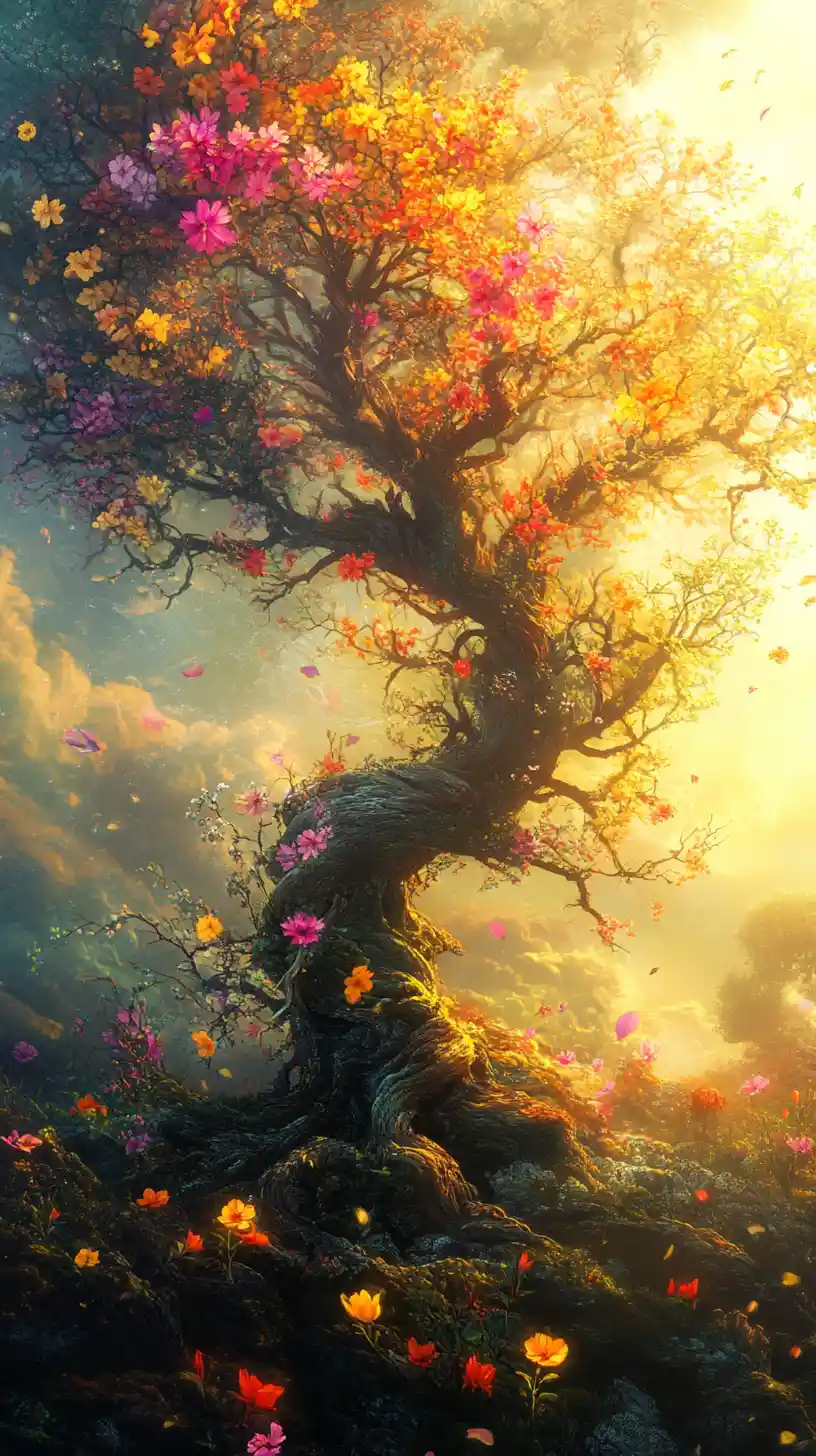 Verdorrter Baum, der im sanften Sonnenlicht farbenfroh aufblüht