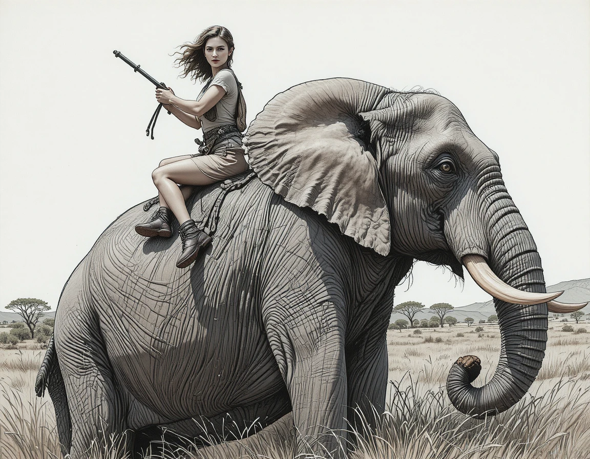 Determined huntress riding an african elephant in savanna