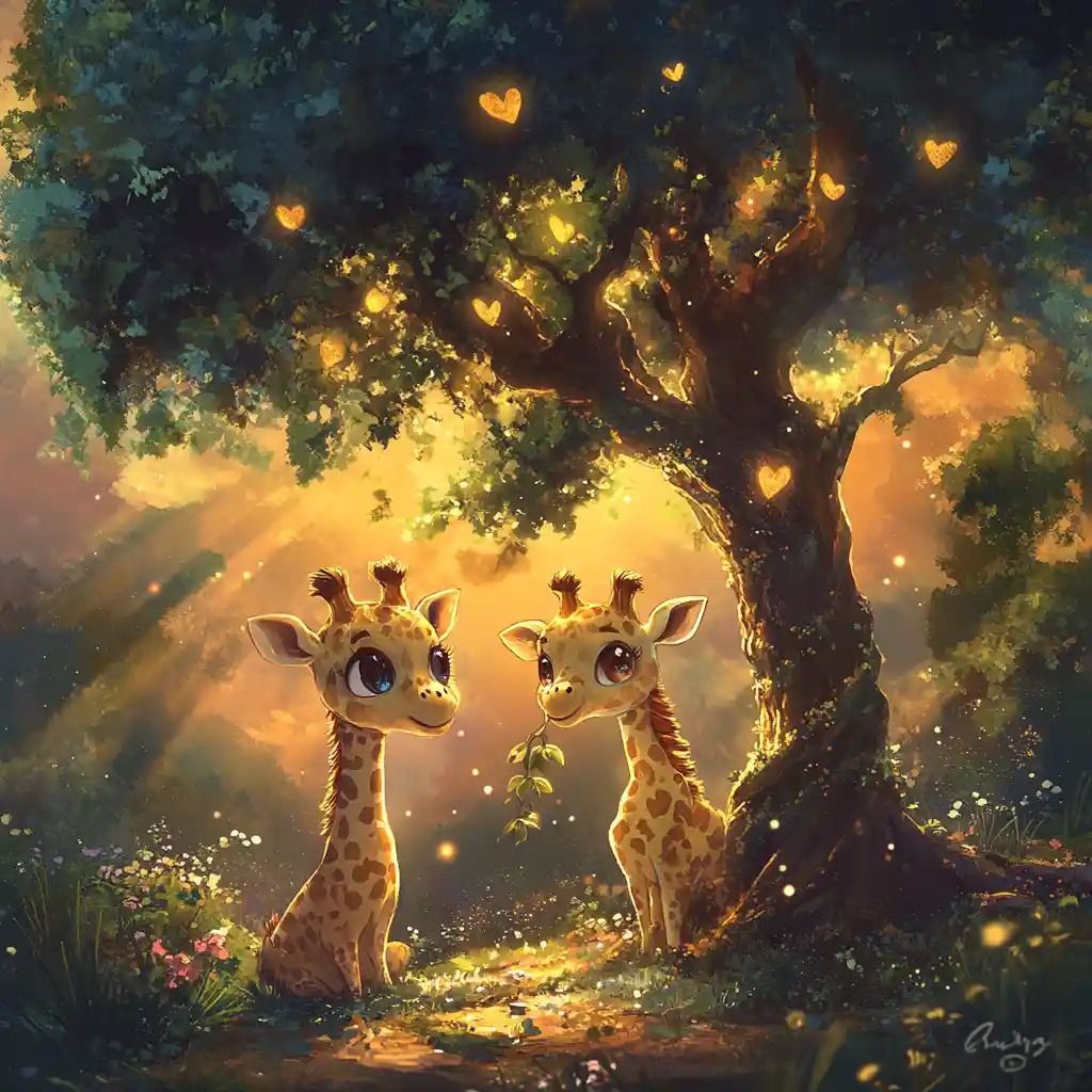 Two chibi giraffes sharing leaves under a glowing tree