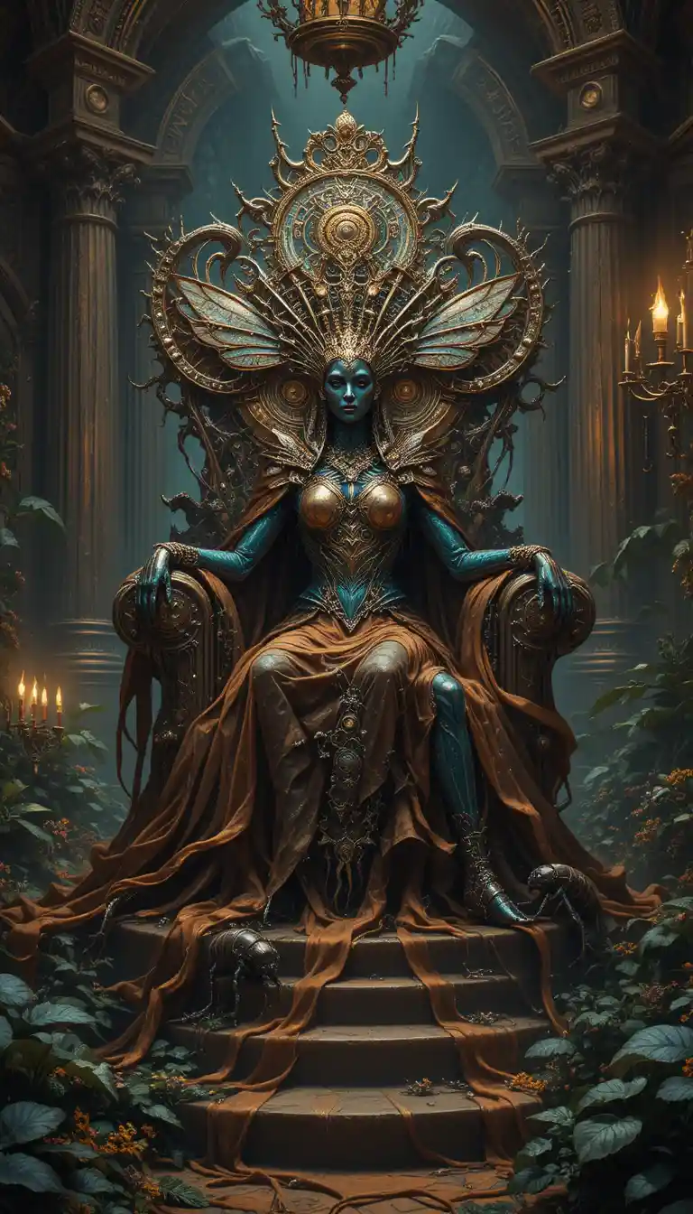 Insect queen on a clockwork throne in baroque steampunk splendor