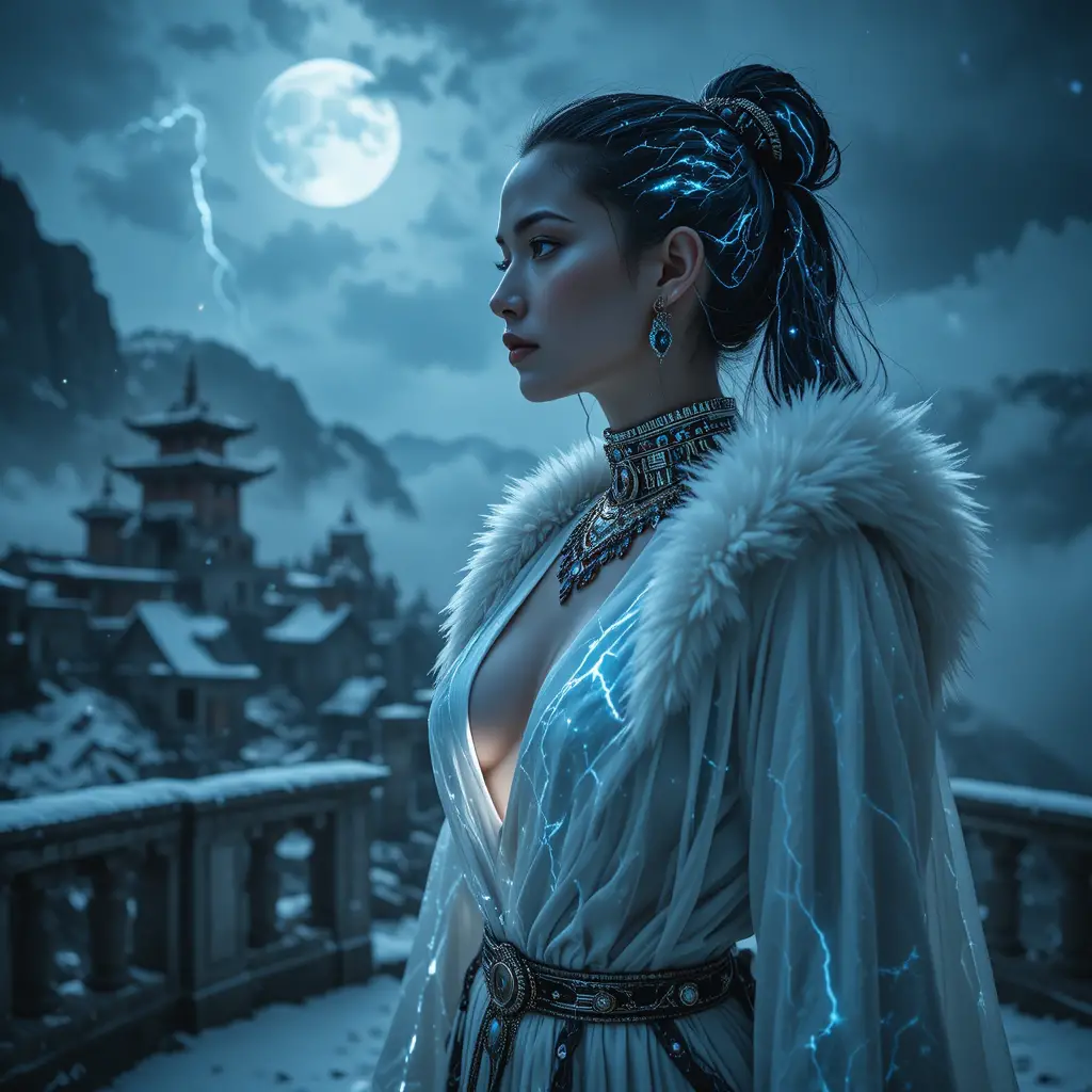 Powerful woman on stormy mountain monastery terrace at night