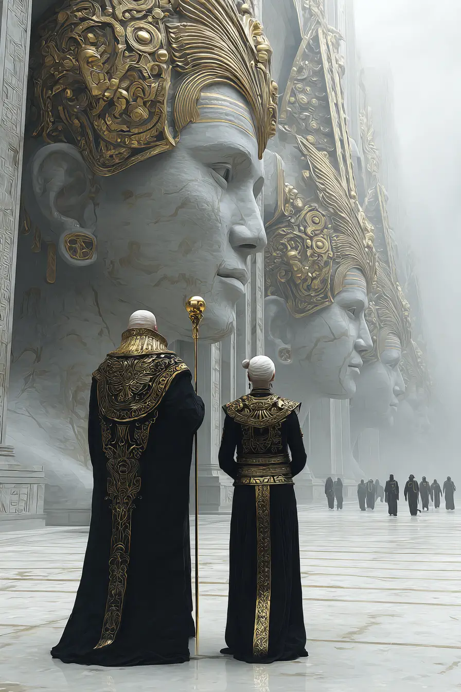 Regal figures before colossal ancient stone head temple