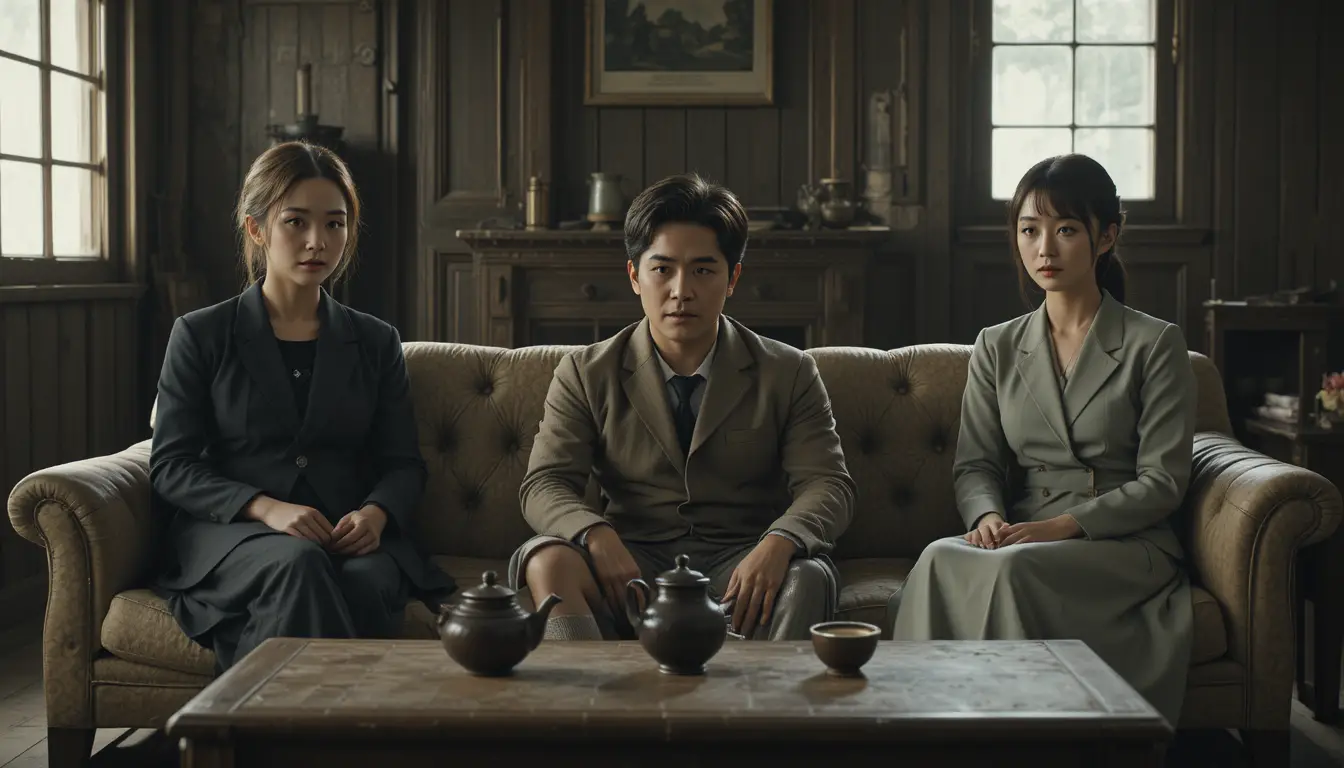 Tense meeting between man and two women in rustic living room