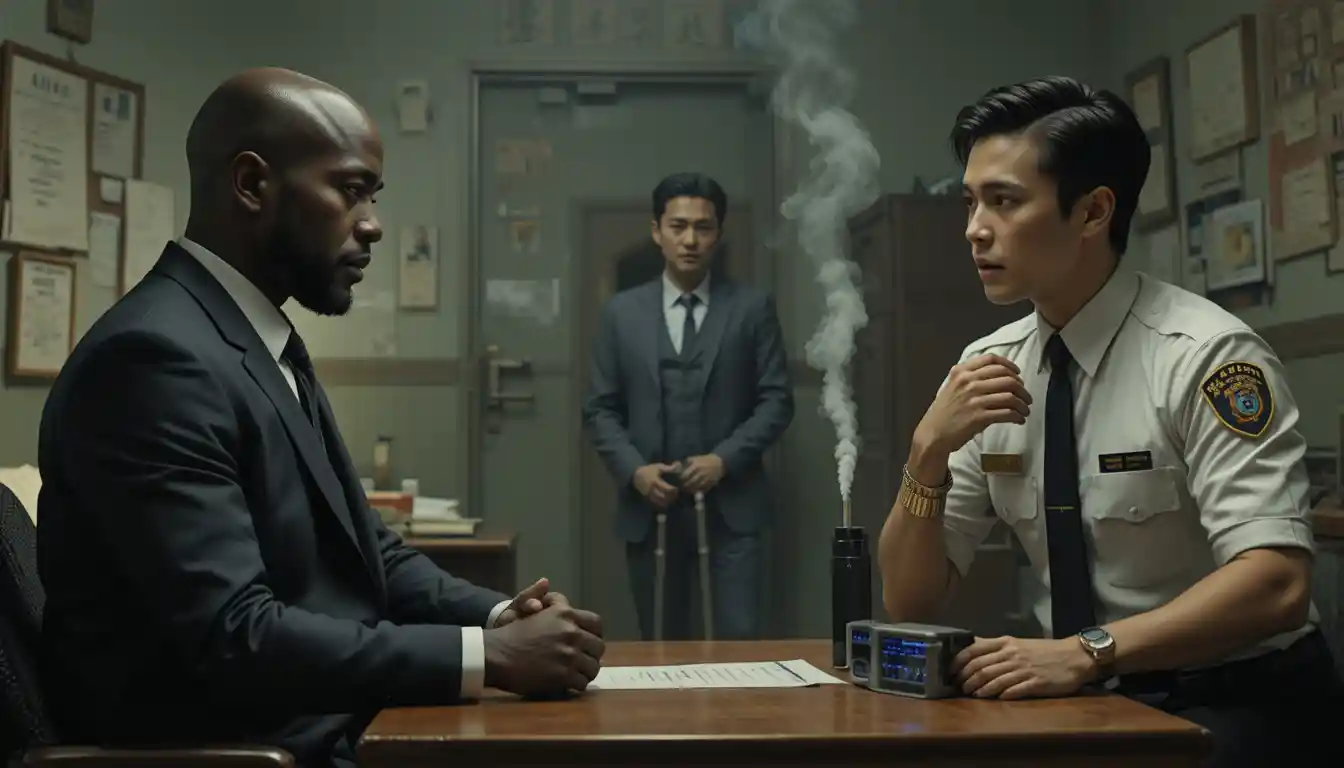 Tense conversation in a cramped Taiwanese police station office