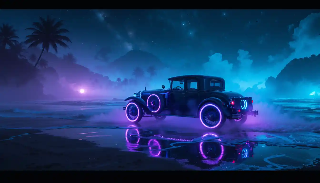 Floating neon vintage car above a misty cosmic beach