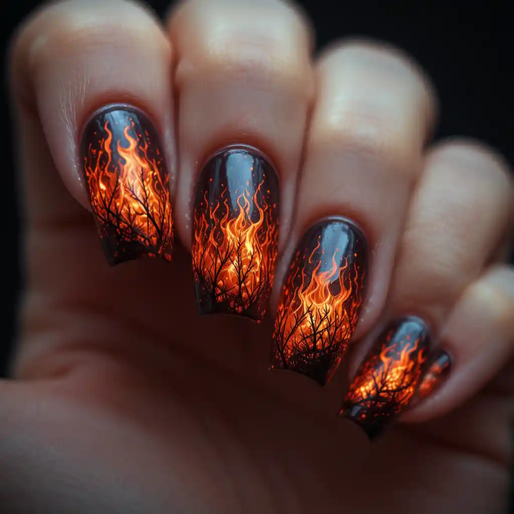 Fiery realistic nail art with dancing flame details