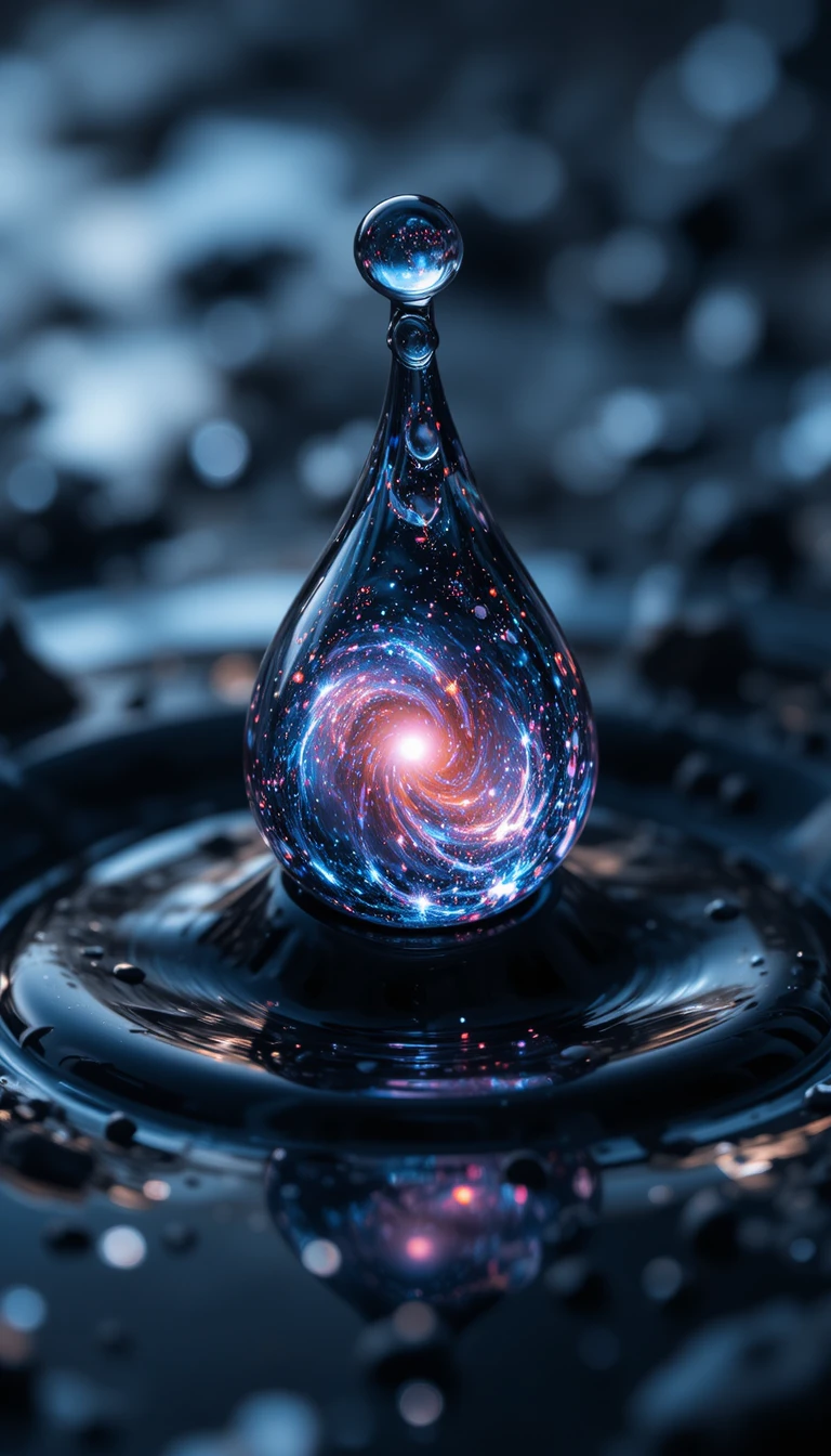 宇宙般液滴濺落在深色黑曜石表面
