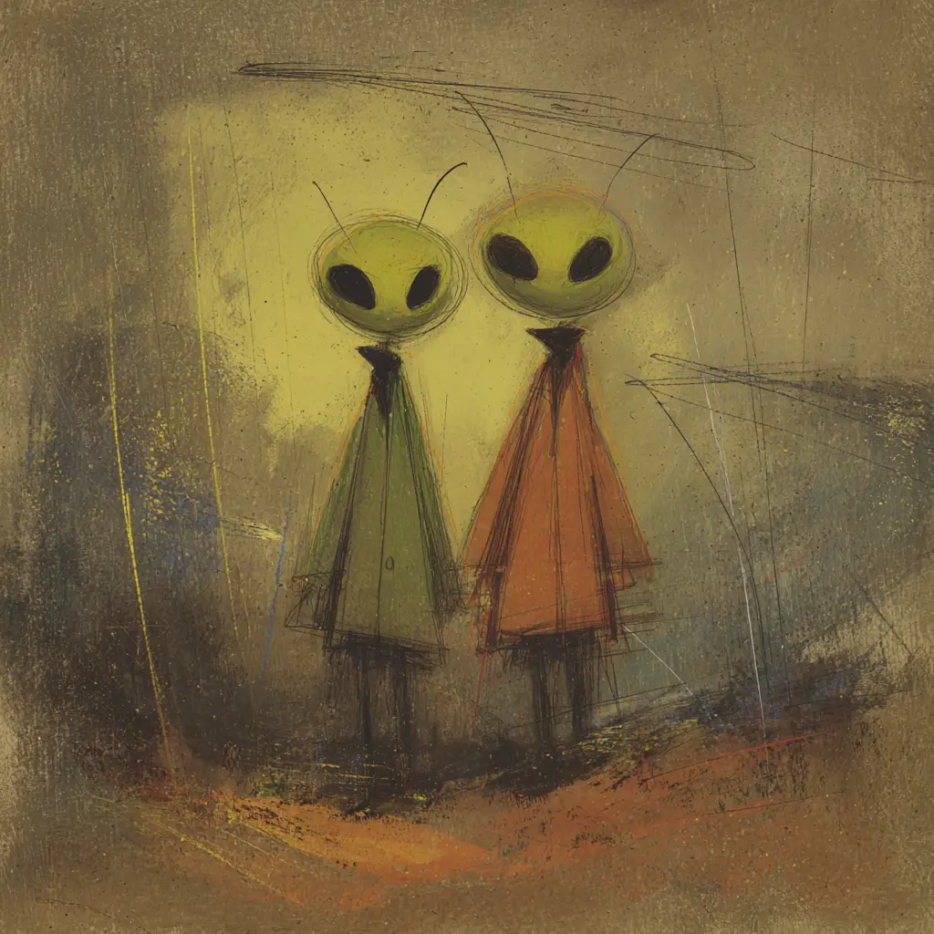 Surreale Aliens, die durch Nebel in einer unterirdischen Basis wandern