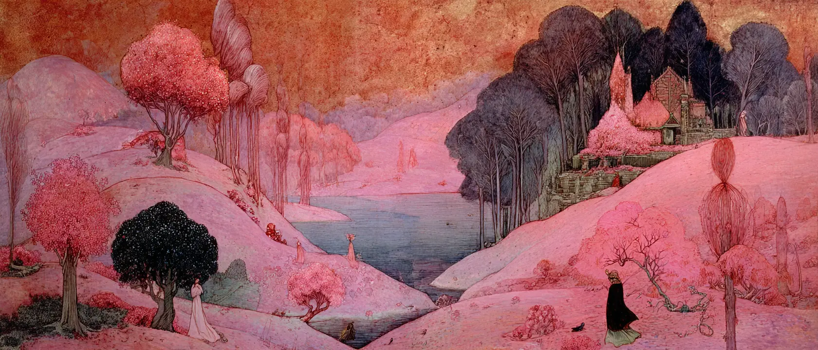 Joyful surreal scene in a colorful dreamlike landscape