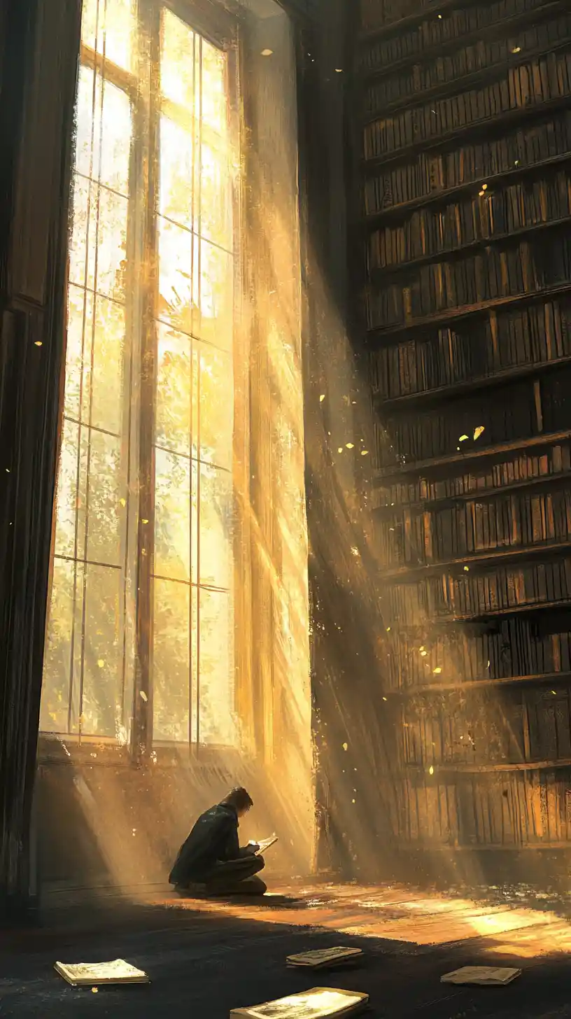 Sunlit dust and a lone reader in a silent library