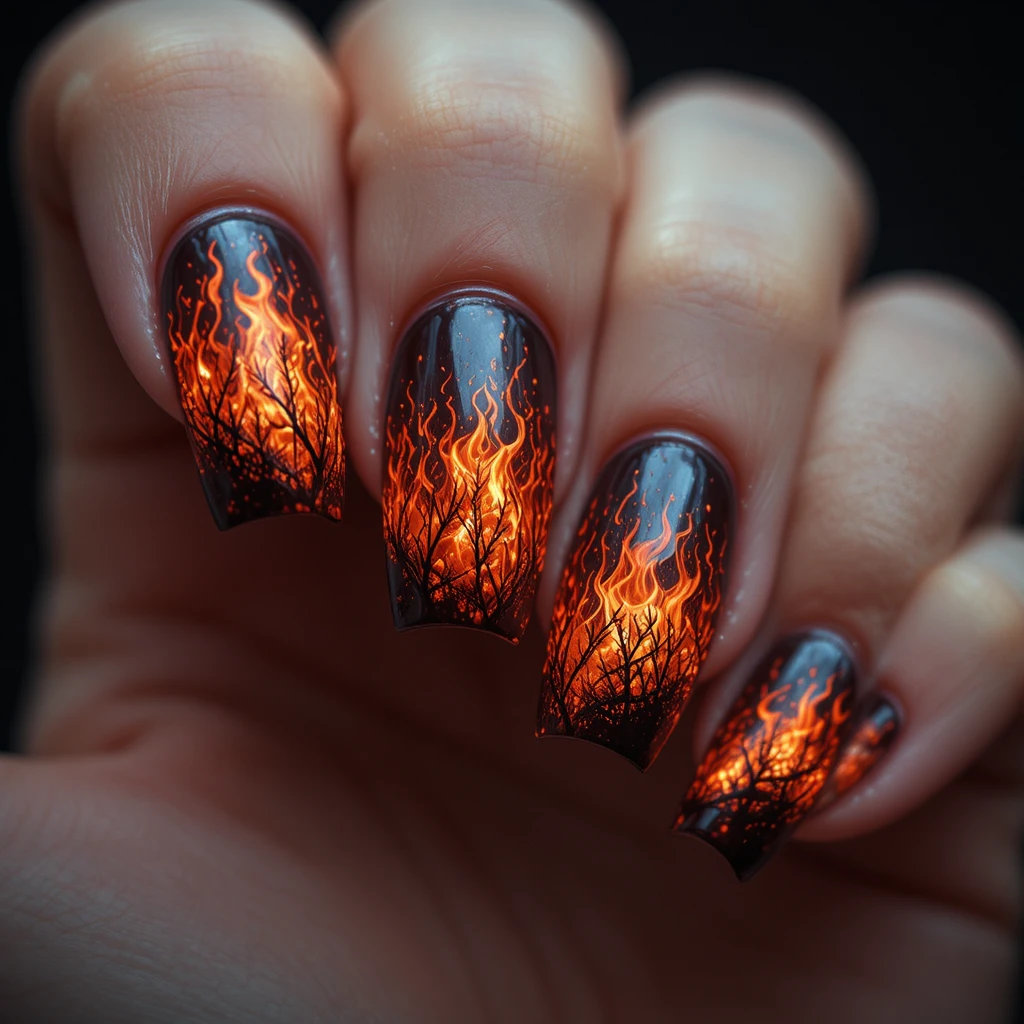 Fiery realistic nail art with dancing flame details