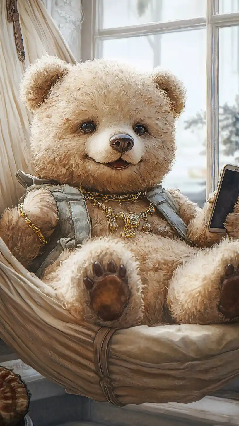 Smiling teddy bear on hammock with phone in watercolor style