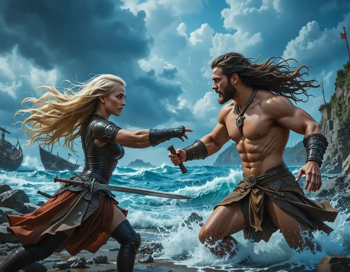 Warrior woman and male fighter clash on stormy rocky shore