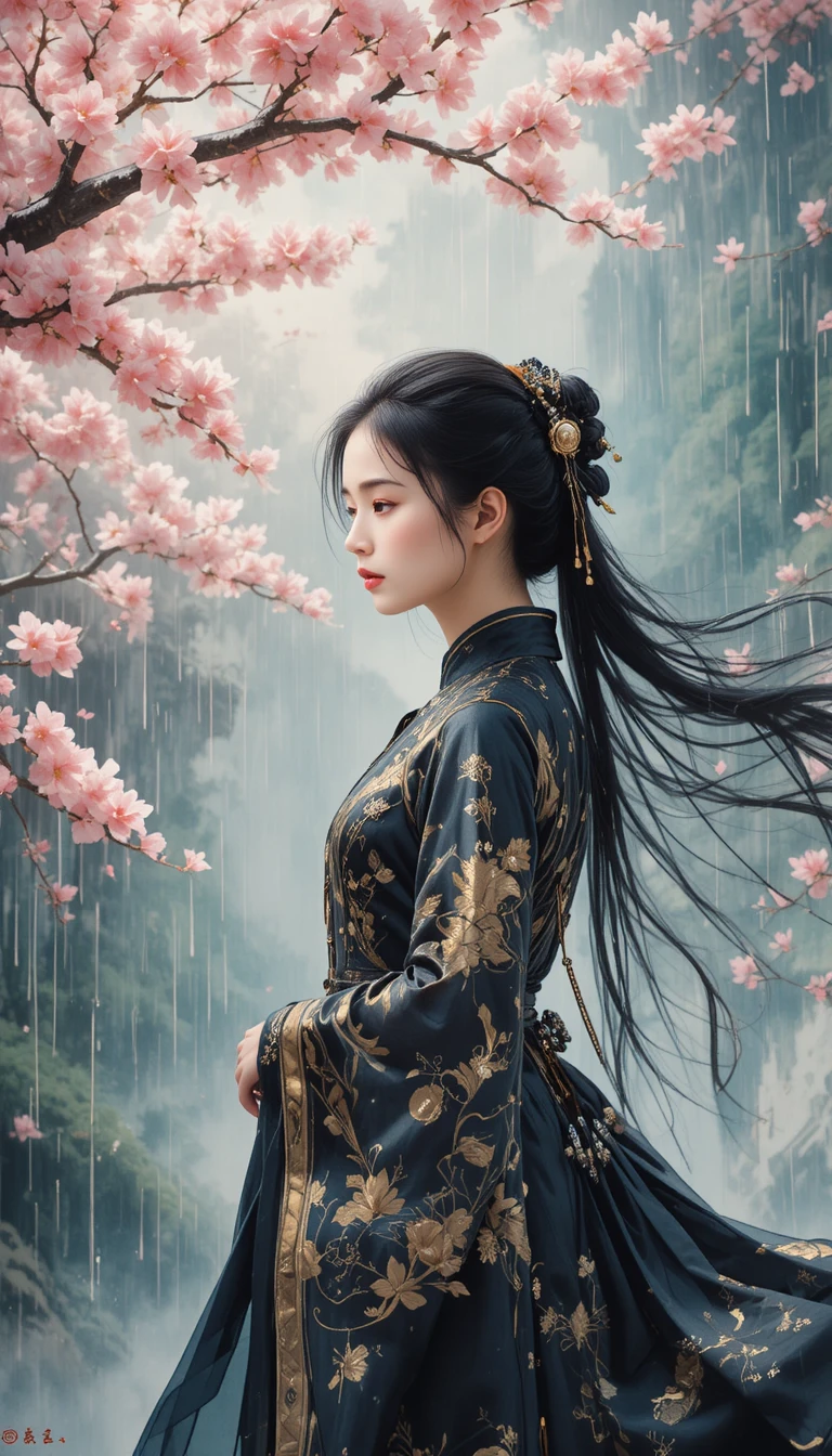 Elegant woman in black and gold dress among spring blossoms