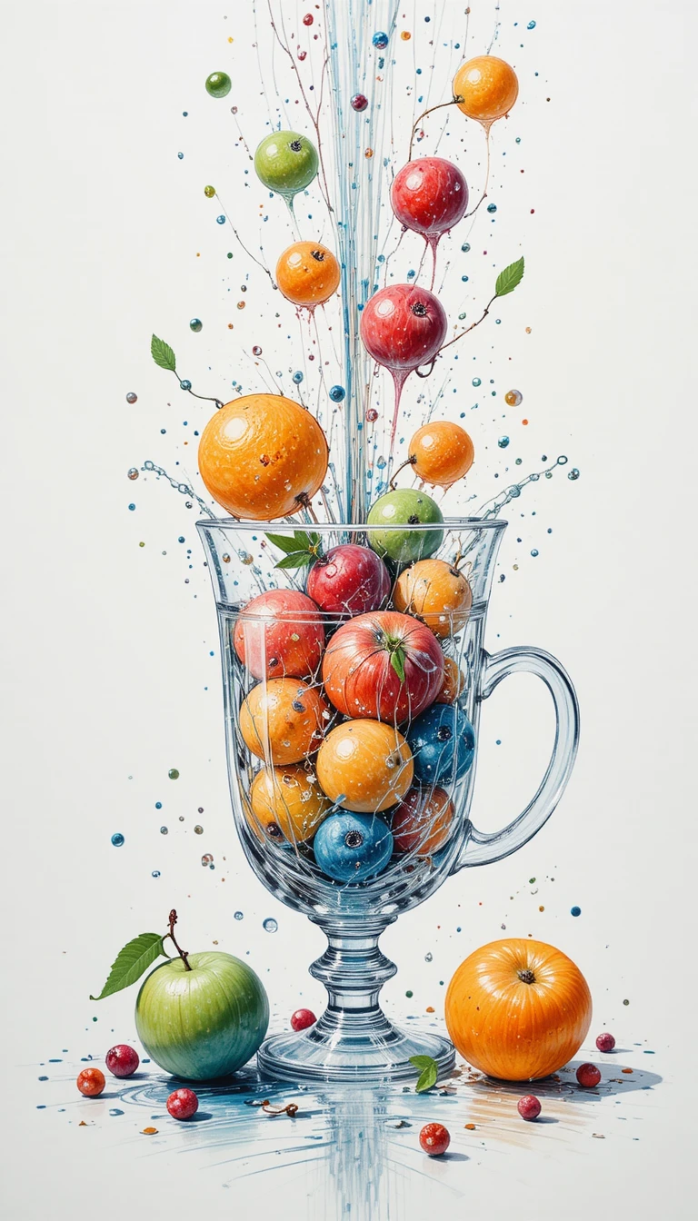 Colorful fruits falling into a clear crystal cup