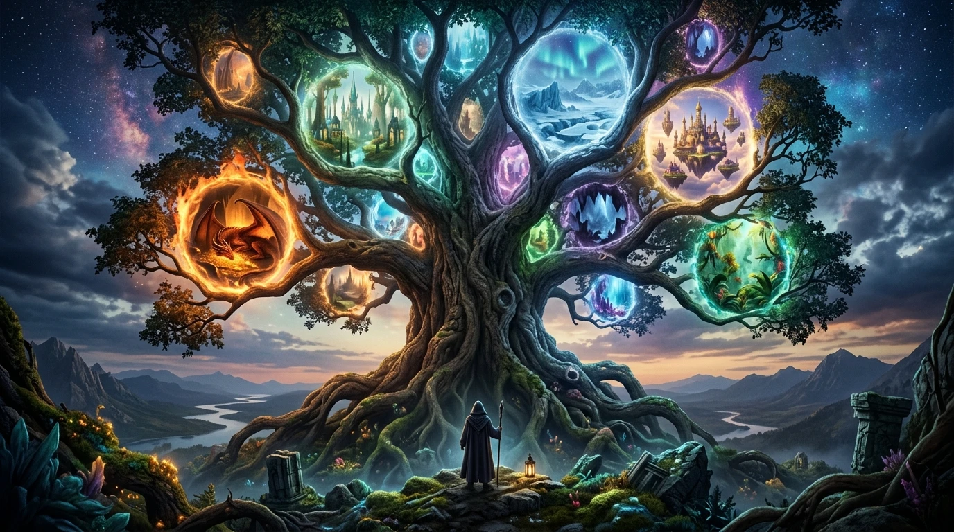 Antico albero del mondo coronato da portali luminosi verso molti regni