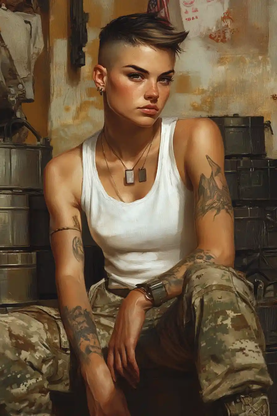 Off duty female soldier sitting in casual military attire
