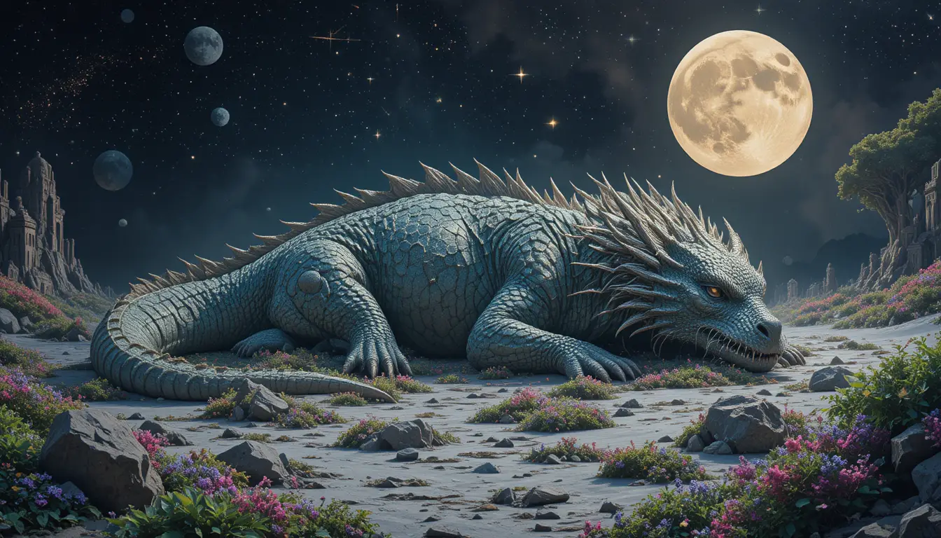 Ancient dragon sleeping in a glowing lunar celestial garden