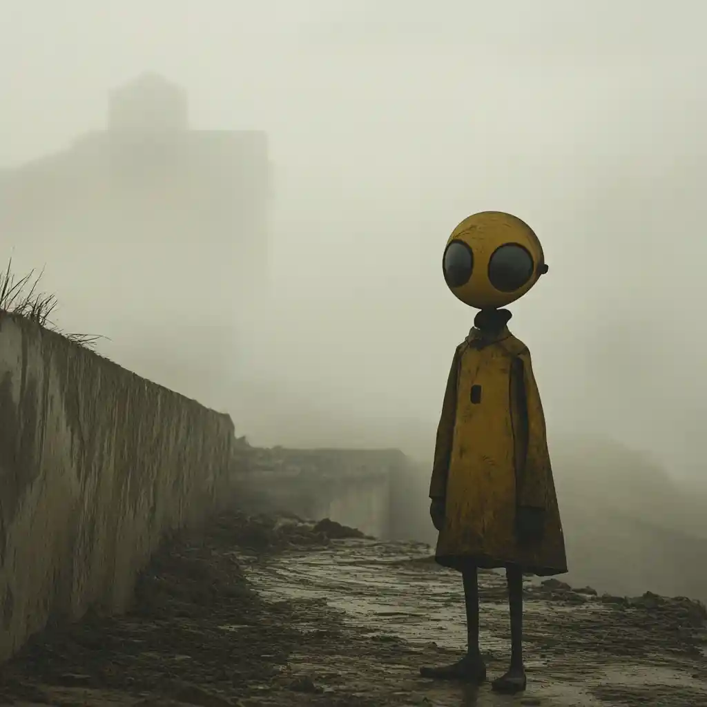 Surreal aliens wandering through mist inside hidden base