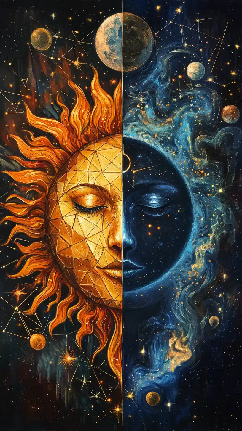 Surreal celestial sun and moon fusion face with cosmic background