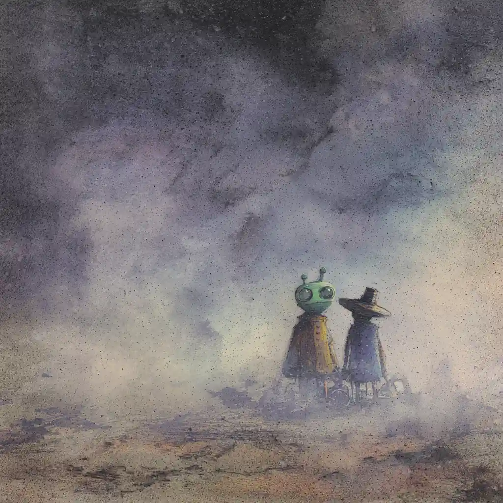Surreal aliens wandering through mist inside a hidden base