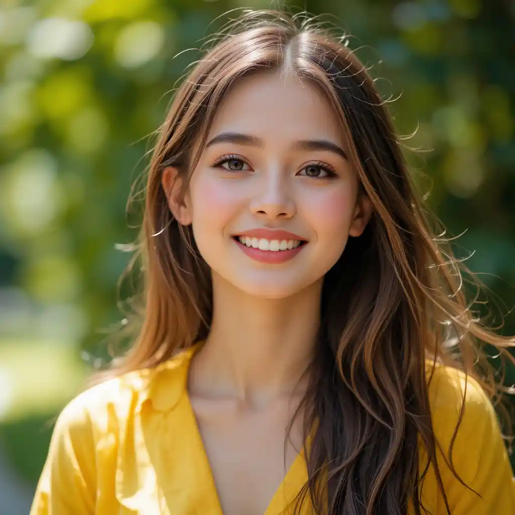 Smiling young woman in yellow shirt outdoors in sunlight