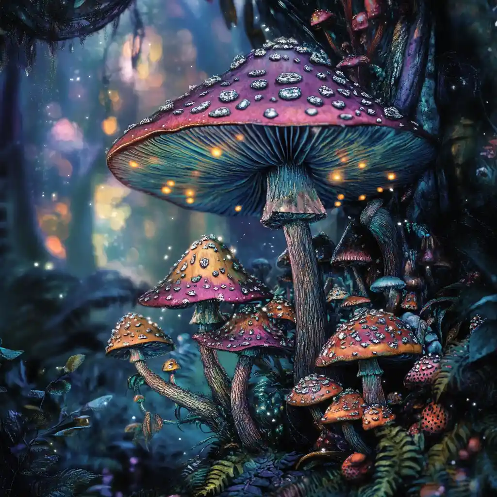 Surreal forest of giant colorful mushrooms with silver spots