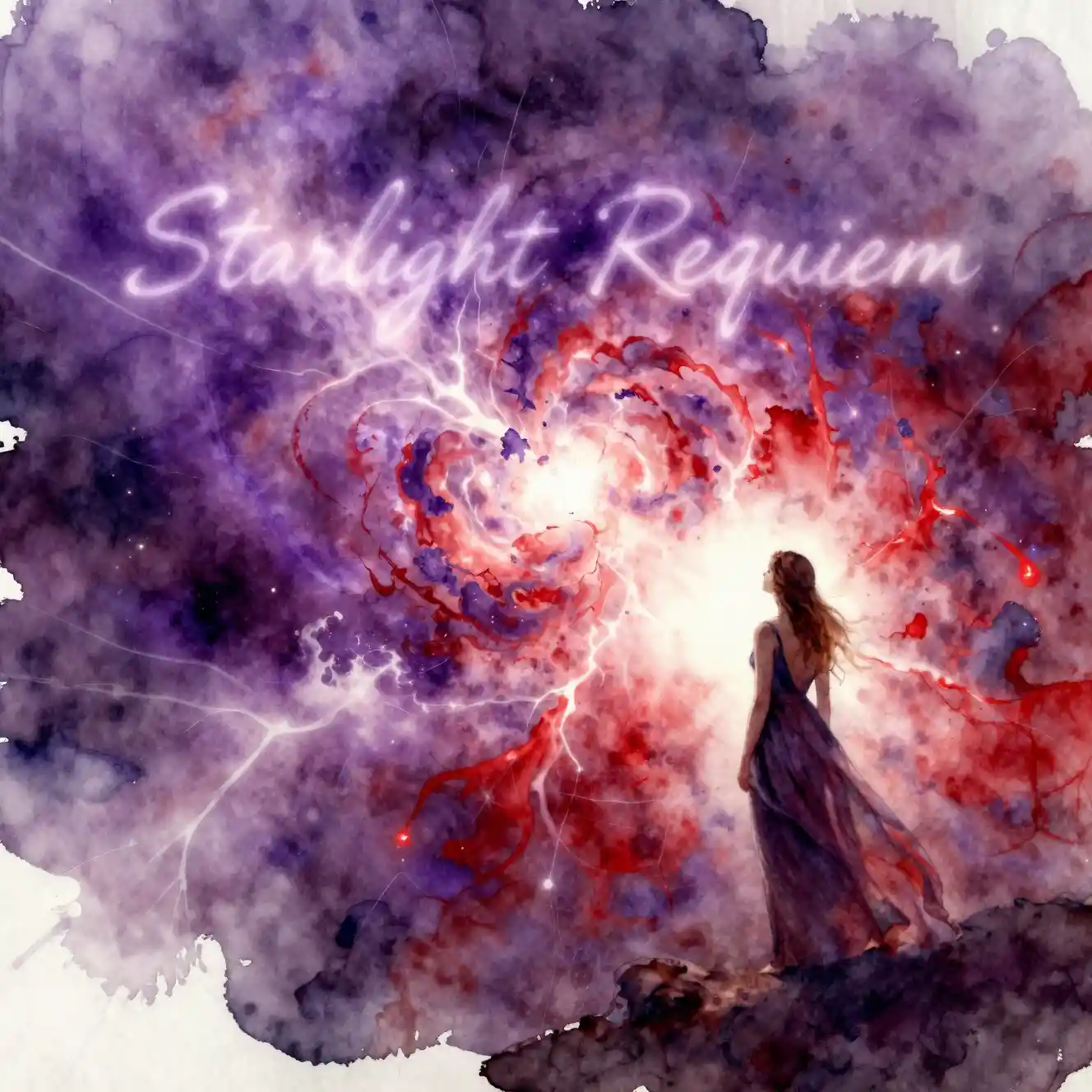 Junge Frau beobachtet eine kosmische Supernova in Aquarell