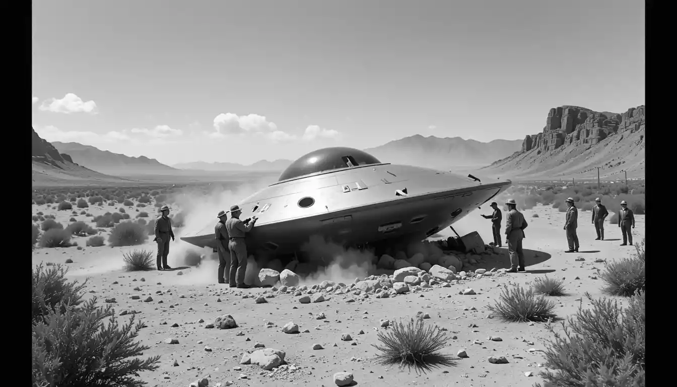 Men Inspect Crashed Flying Saucer In Barren Desert Landscape