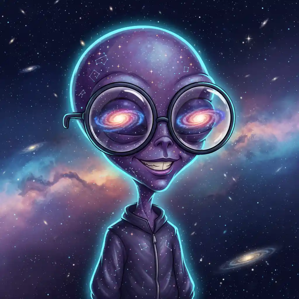 Whimsical alien with galaxy glasses in colorful deep space
