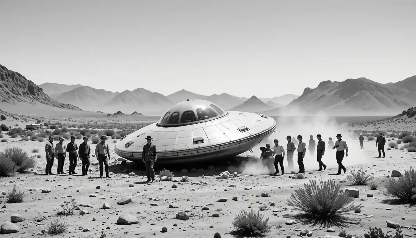 Men Inspect A Crashed Flying Saucer In Desert Landscape