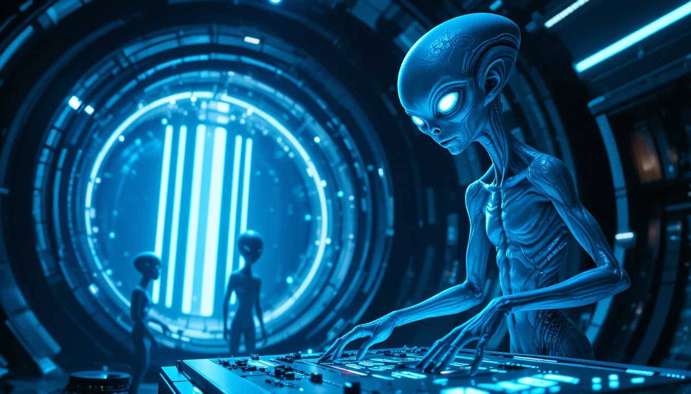 Großer blauer Alien bedient ein leuchtendes futuristisches Konsolenpult