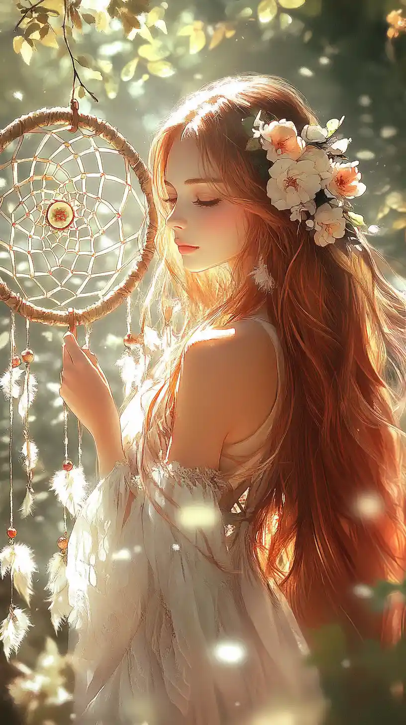 Bohemian woman holding dreamcatcher in sunlit forest illustration