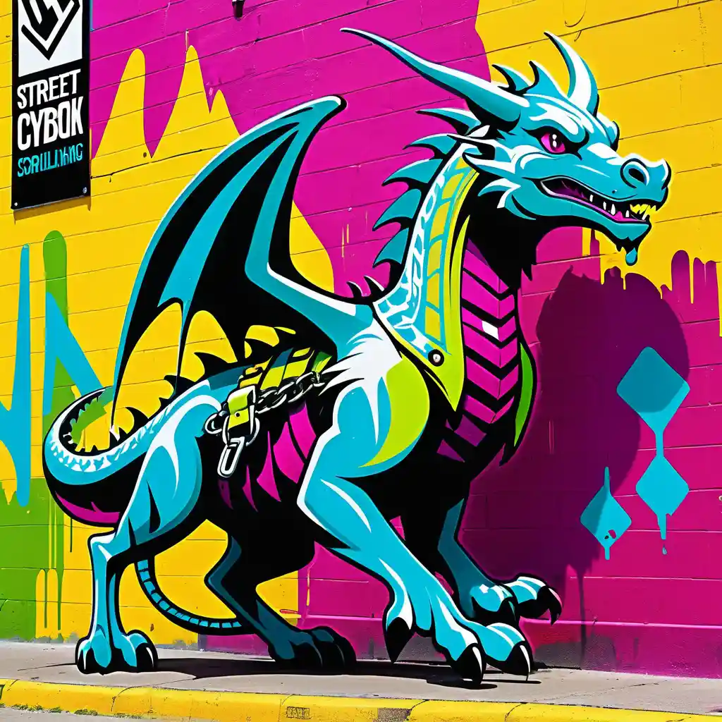 Drago di strada pop art con giovane cavaliere in una scena di graffiti al neon