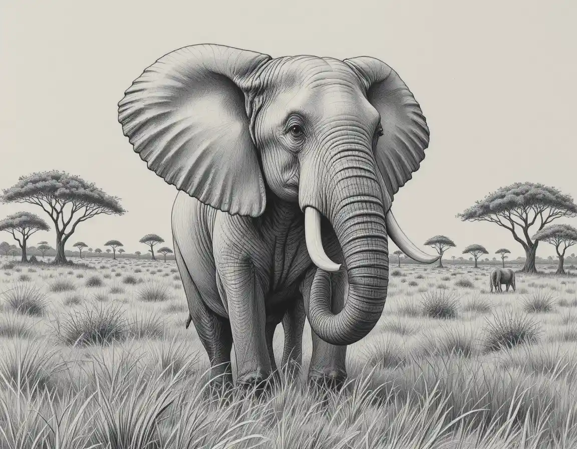 Majestic African elephant in a colored pencil savanna drawing
